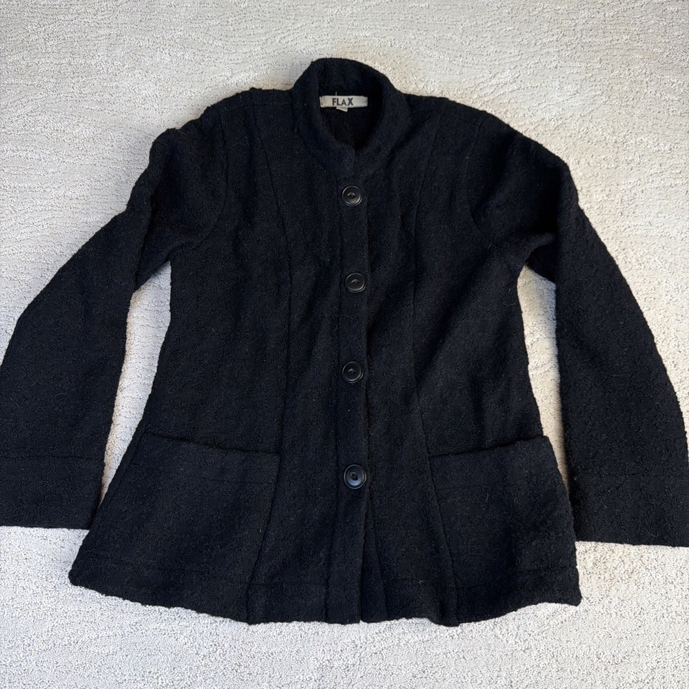 Women's FLAX Size Small Black Button Cardigan Jacket Blazer